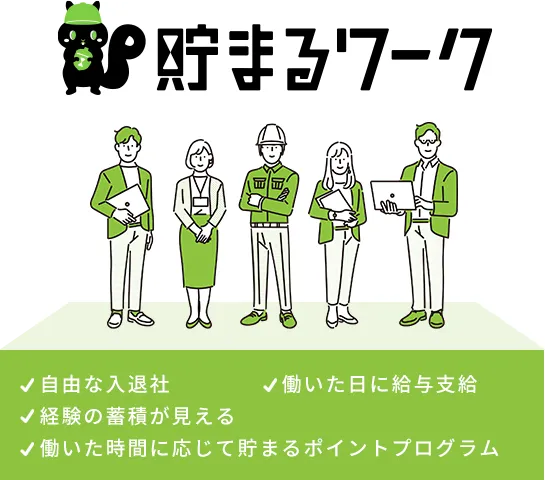貯まるワーク：自由な入退社／働いた日に給与支給／経験の蓄積見える／働いた時間に応じて貯まるポイントプログラム